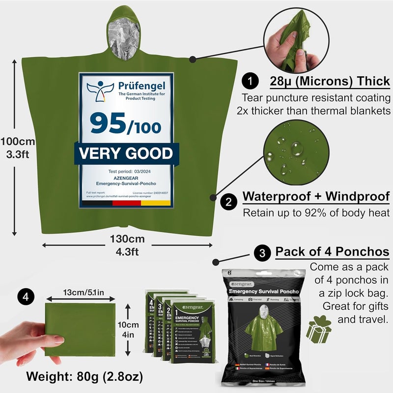 aZengear Emergency Survival Poncho (4pc) Thermal Mylar Foil Blanket for Heat Retention and Rain | Reversible with Hood | Waterproof, Windproof, Portable, Hands-Free, Outdoor Kit (Green) - Image 2